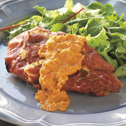 Serrano-Wrapped Chicken Cutlets with Romesco Sauce