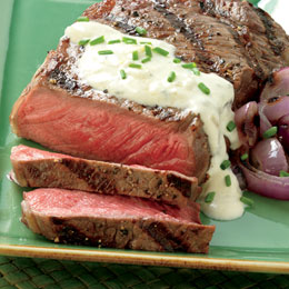 Marinated Strip Steaks with Gorgonzola Sauce