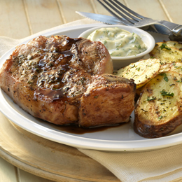 Brined Pork Chops with Balsamic Glaze and Grilled Potato Fries