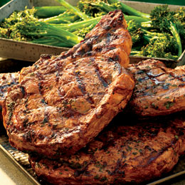 Garlic-Crusted Rib Eye Steaks with Grilled Broccolini