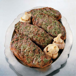 New York Steaks with Rosemary and Roasted Garlic Pesto