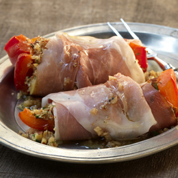 Serrano Ham-Wrapped Peppers with Anchovy-Almond Crumbs